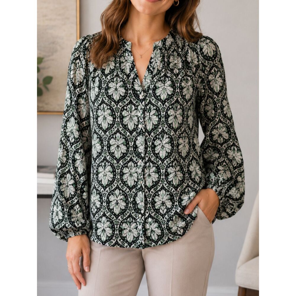 White House Black Market Printed Peasant Blouse Small Green Black Long Sleeve